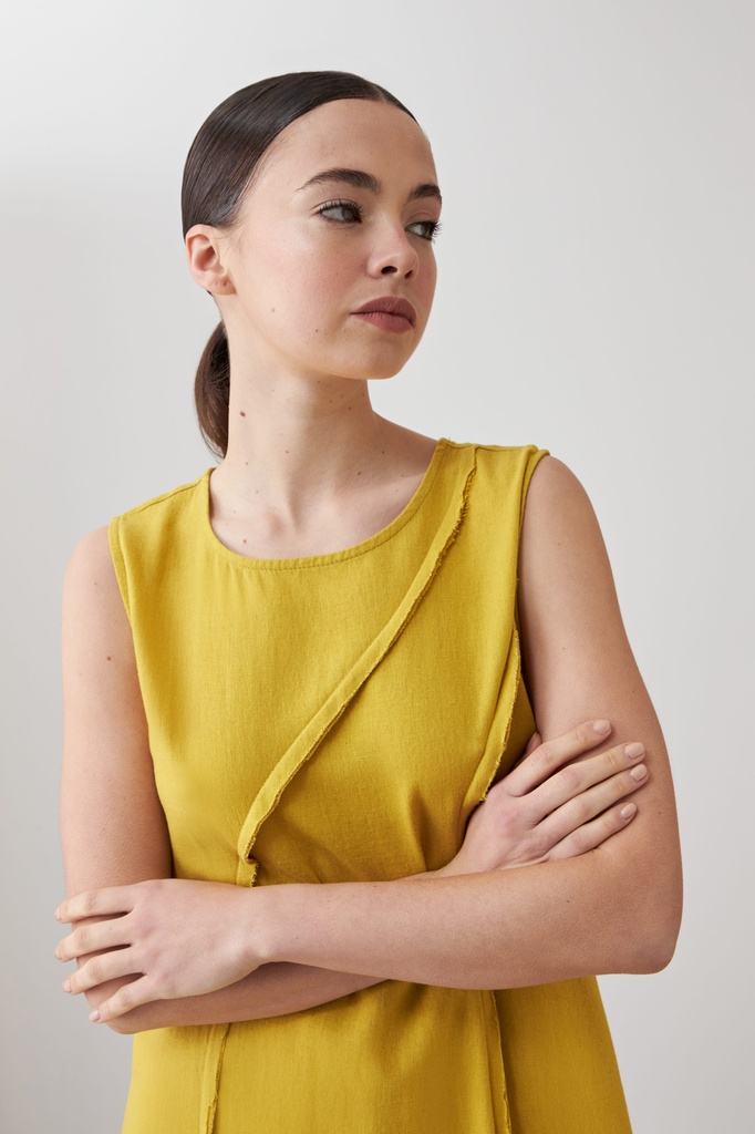 L167GDX18 VESTIDO DE LINO ACAMPANADO CON DETALLE DESFLECADO