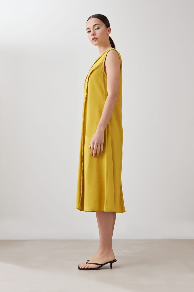 L167GDX18 VESTIDO DE LINO ACAMPANADO CON DETALLE DESFLECADO