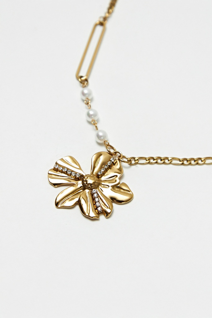 L165AJN6 COLLAR ACERO CON DIJE FLORAL Y PERLAS