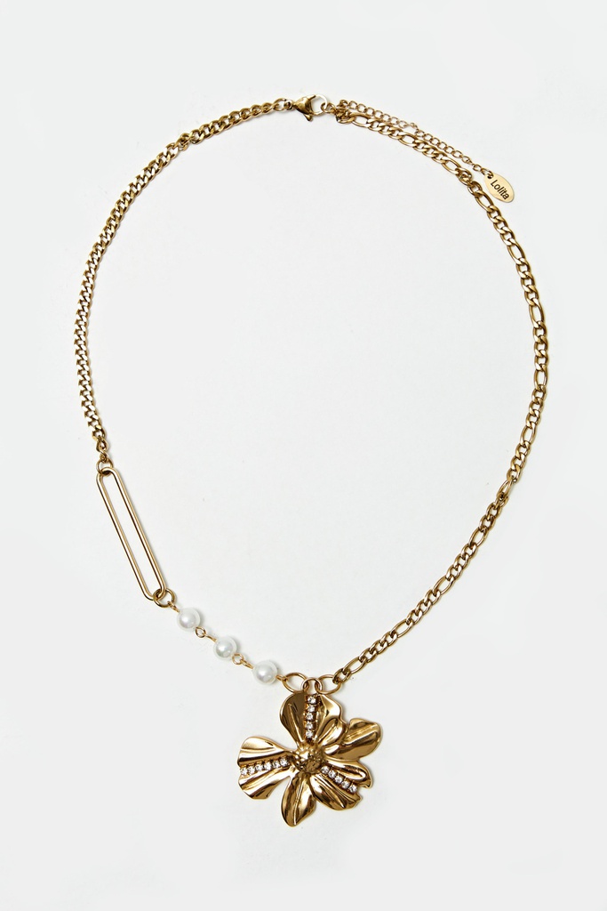 L165AJN6 COLLAR ACERO CON DIJE FLORAL Y PERLAS