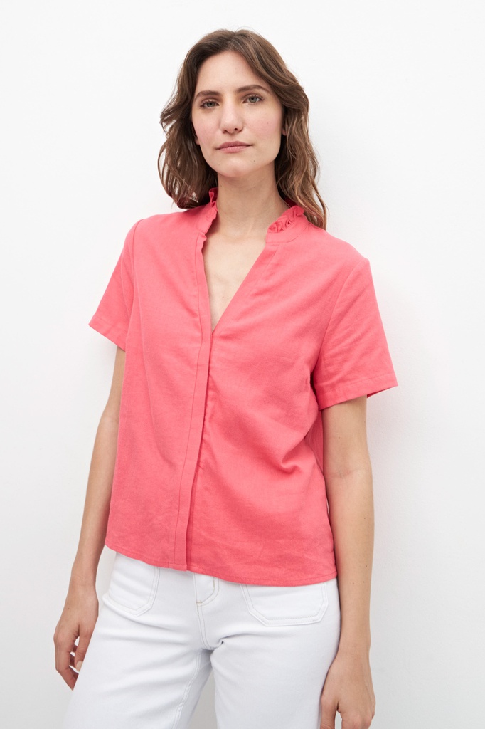 L158GBH7 BLUSA DE LINO CON VOLADOS